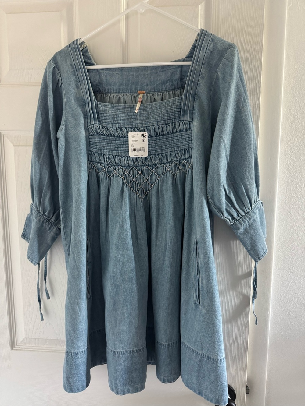 Free People Light Wash Denim Smocked Square-Neck Mini Dress